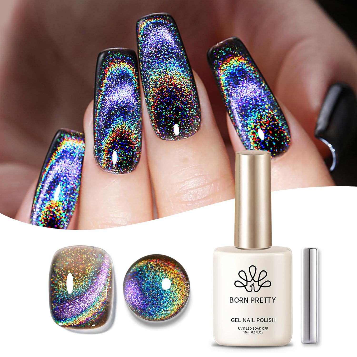 Born Pretty 9D Cat Magnetic Eye Gel Nail Polish Holographic Rainbow Gel Polish Blue Purple Soak Off U V LED Gel Polish Nail Art Design Manicure Salon DIY Home 15ML : Beauty & Personal Care
