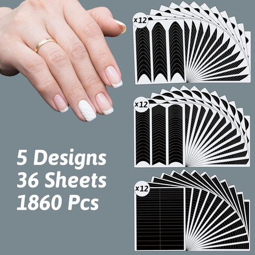 36 Sheets 1860 Pcs French Tip Nail Guides. Self-Adhesive French V-Shaped Moon Shaped Manicure Strip Stickers for Edge Auxiliary Black DIY Decoration Stencil Tools : Beauty & Personal Care