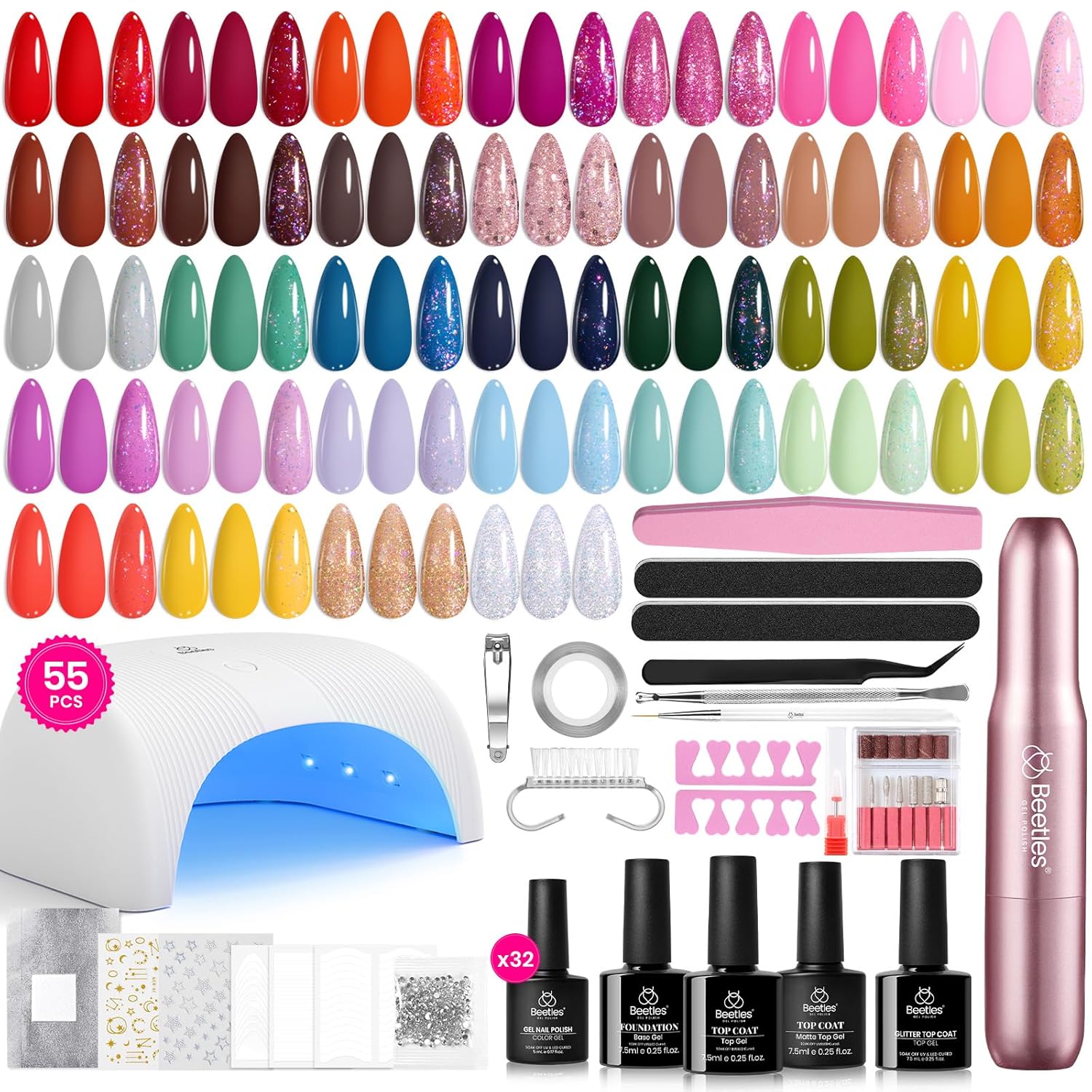 Beetles Summer Gel Polish Set - Fingertip Palette. 32 Colors Polish Set with Base Top Coat Pink Red Blue Purple Brown Yellow Green Black White UV LED Lamp Nails Gifts for Women : Beauty & Personal Care