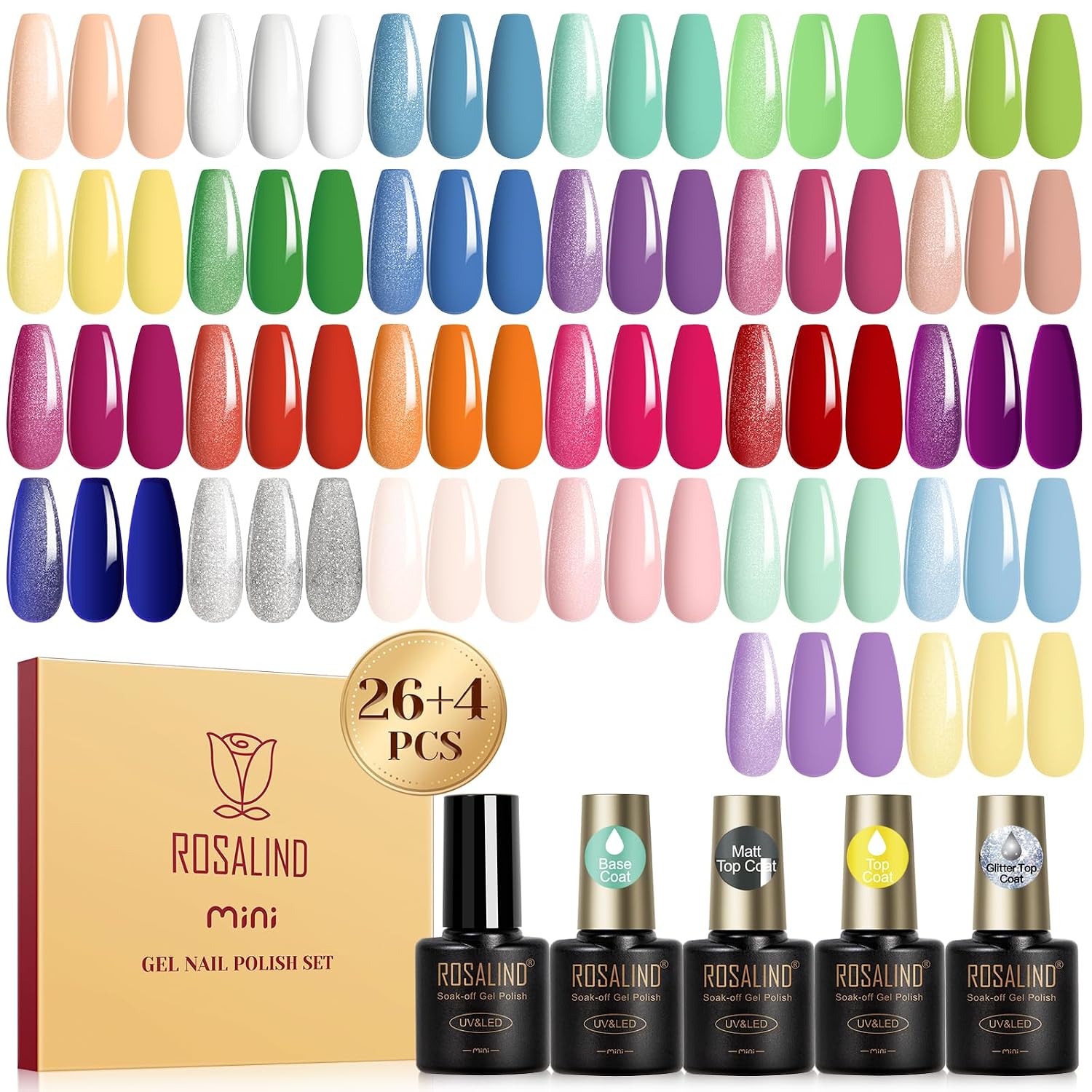 ROSALIND 30pcs Gel Nail Polish Set. 26 Colors Gel Polish with 3Pcs Glossy Matte Glitter Top Coat and Base Coat All Seasons Nude Blue Red Gel Nails art Kit DIY Salon at Home : Beauty & Personal Care