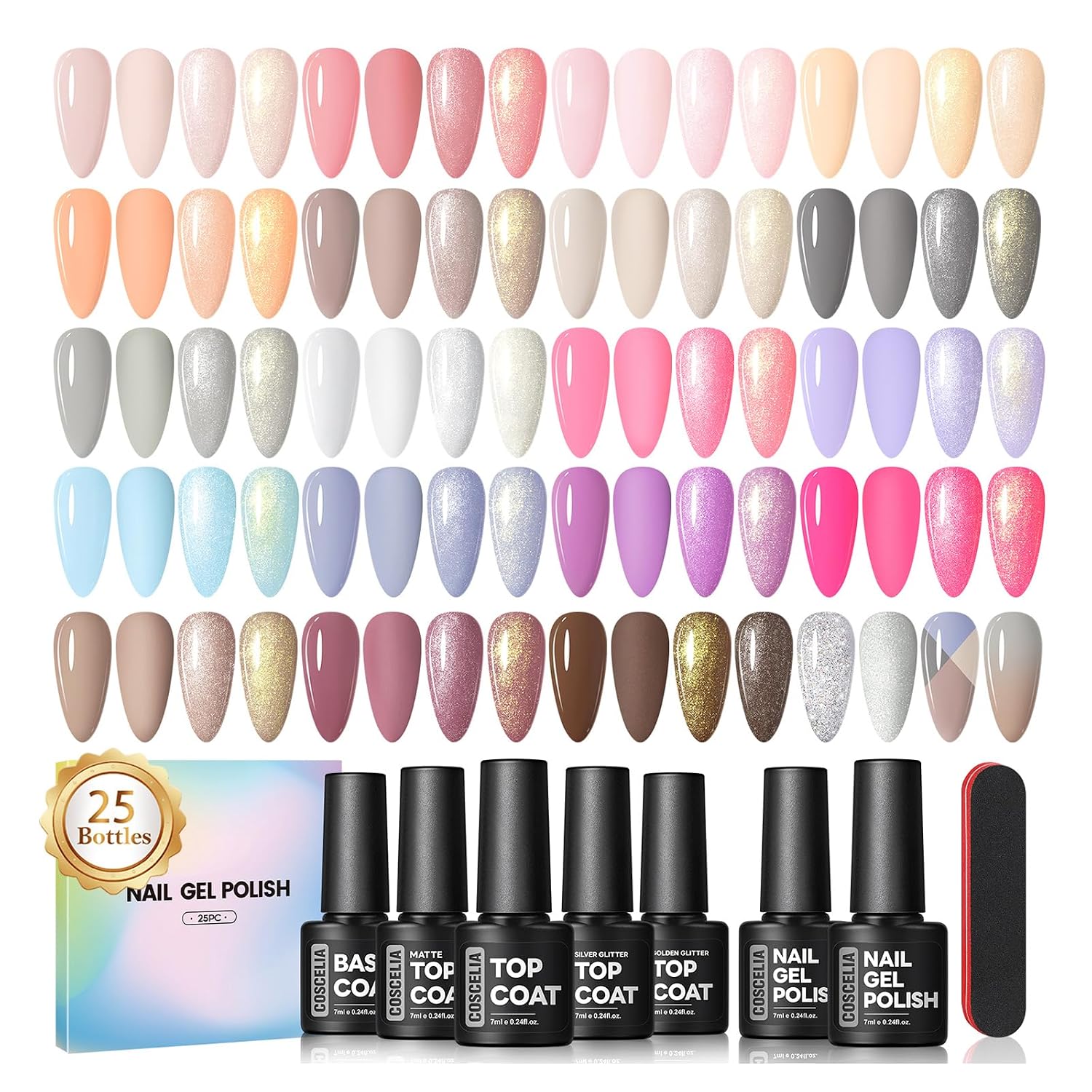 COSCELIA 25PCS Gel Nail Polish Set Spring Summer Colors Gel Nail Polish Soak Off with Glossy Matte Silver Golden Glitter Top Coat Red Brown Black White Green DIY Gifts for Women Girls : Beauty & Personal Care