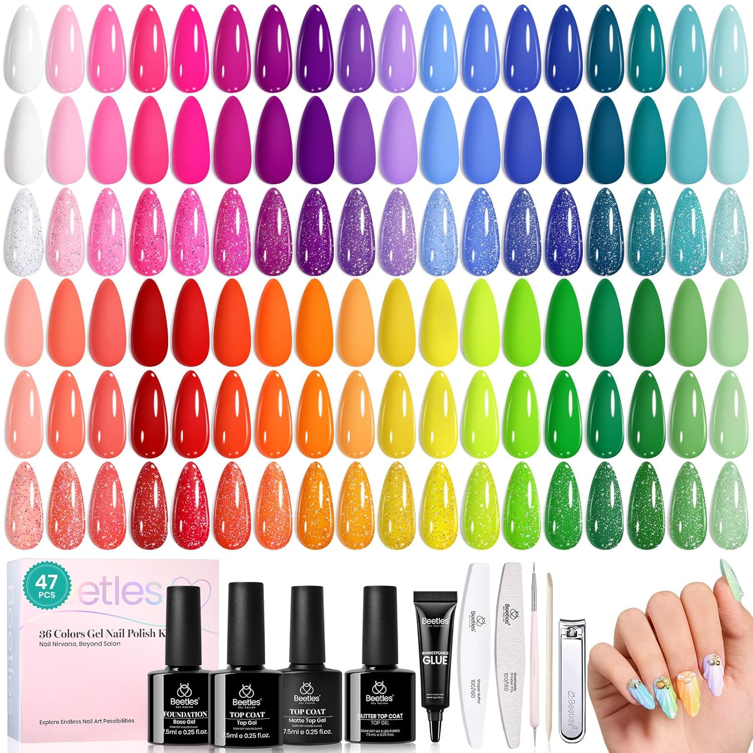 Beetles Summer Gel Polish Set - 36 Colors Bright Neon Gel Nail Polish Pink Orange Red Green Blue 4th of July Nail Polish with 4Pcs Base Top Coat Soak Off Colorful Collection UV Nail Gel : Beauty & Personal Care