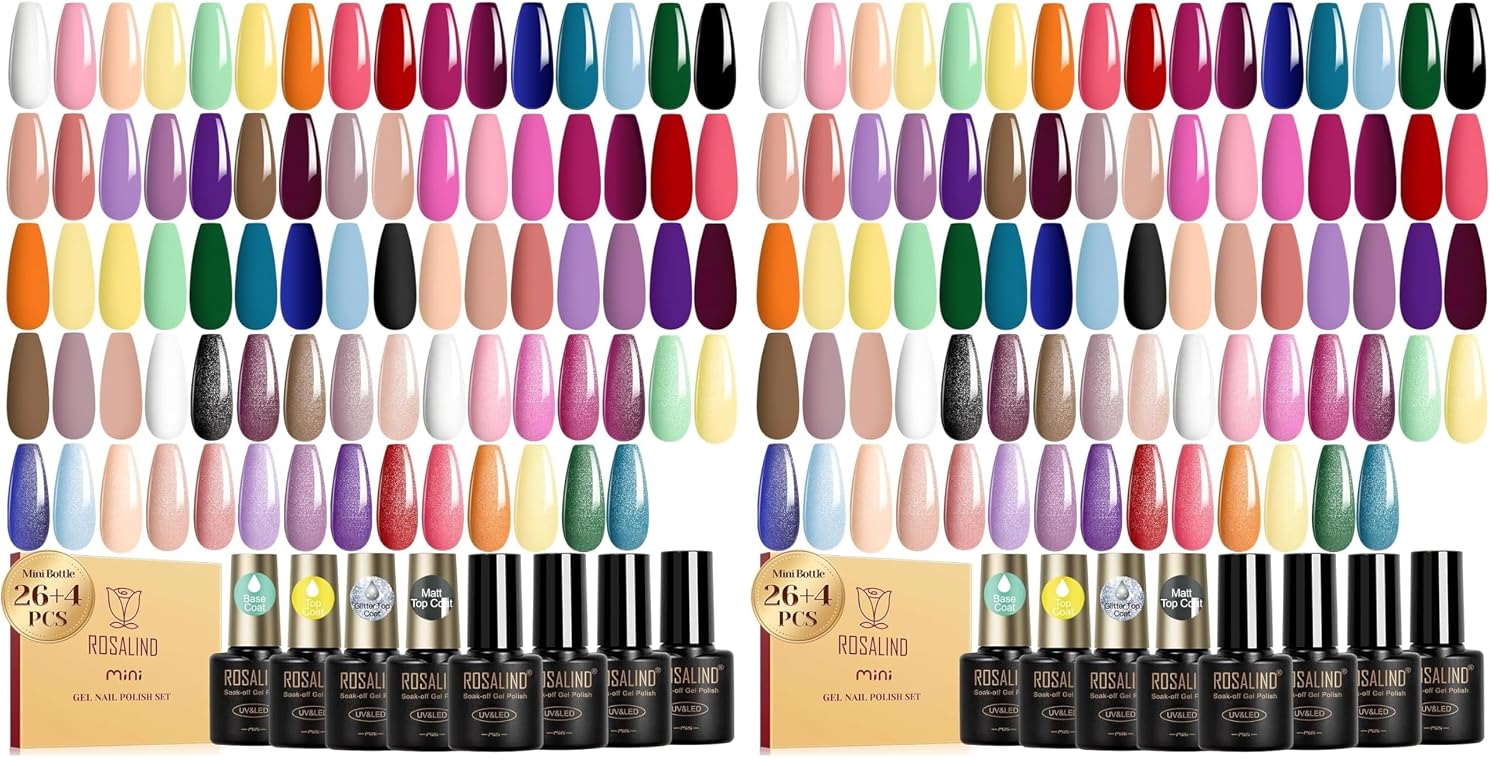 ROSALIND 30pcs Gel Nail Polish Set. 26 Colors Gel Polish with 3Pcs Glossy Matte Glitter Top Coat and Base Coat All Seasons Nude Blue Red Gel Nails art Kit DIY Salon at Home : Beauty & Personal Care