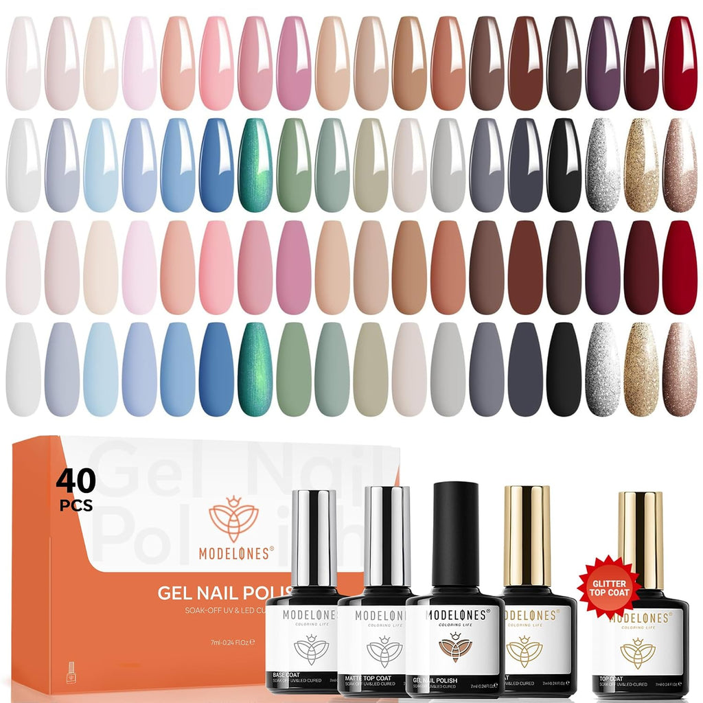modelones 32 PCS Gel Nail Polish Set. 28 Colors Gel Polish with No Wipe Base Coat. Glitter & Glossy & Matte Top Coat Black Brown Red Purple Soak Off LED Nail Art Kit Salon at Home : Beauty & Personal Care