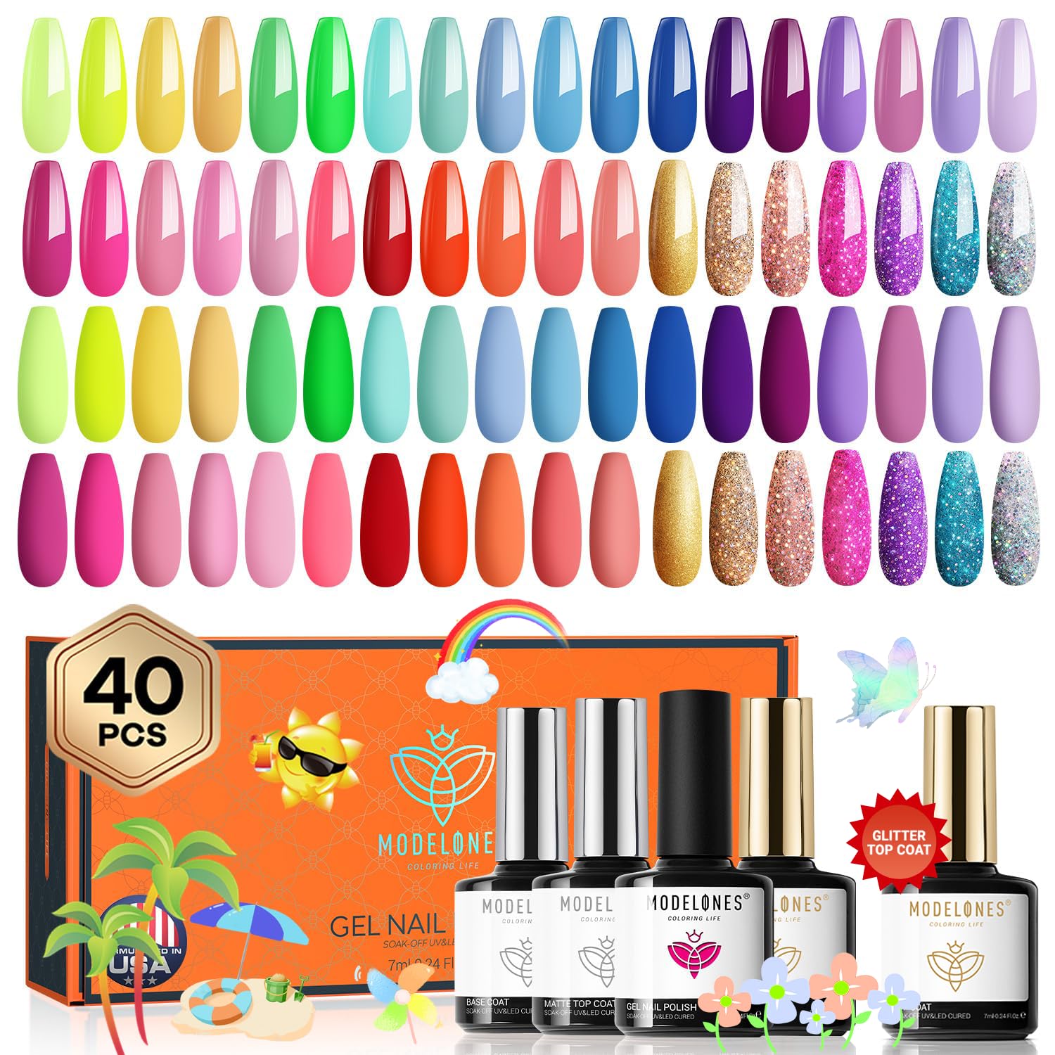 modelones 32 PCS Gel Nail Polish Set. 28 Colors Gel Polish with No Wipe Base Coat. Glitter & Glossy & Matte Top Coat Black Brown Red Purple Soak Off LED Nail Art Kit Salon at Home : Beauty & Personal Care