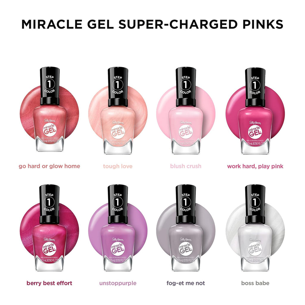 Sally Hansen Miracle Gel Supercharged Pinks Nail Polish | Salon Quality Gel-Like Formula. Two-Step System. No UV Light Needed. Long Lasting | 350 Work Hard. Play Pink | Bright Pink Crème Nail Color : Beauty & Personal Care