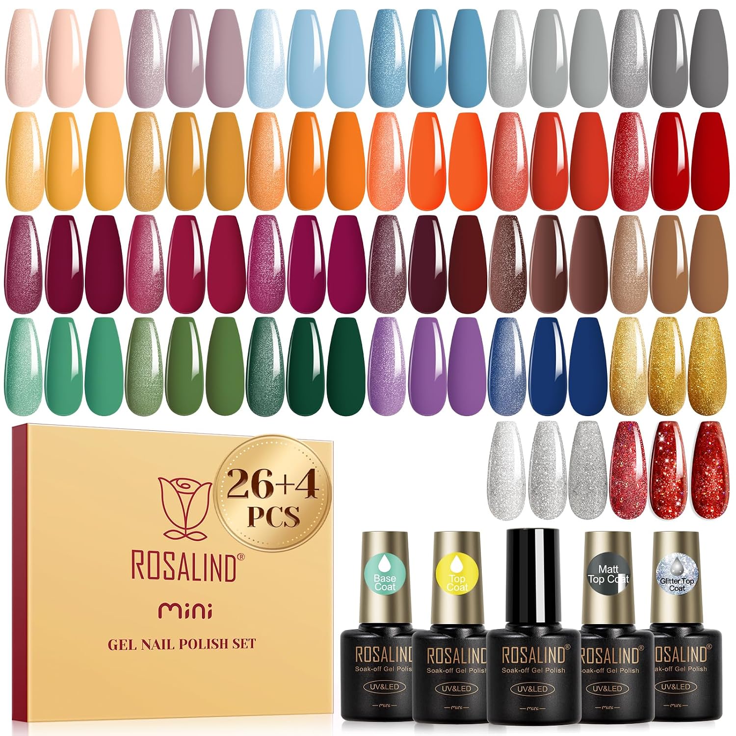 ROSALIND 30pcs Gel Nail Polish Set. 26 Colors Gel Polish with 3Pcs Glossy Matte Glitter Top Coat and Base Coat All Seasons Nude Blue Red Gel Nails art Kit DIY Salon at Home : Beauty & Personal Care
