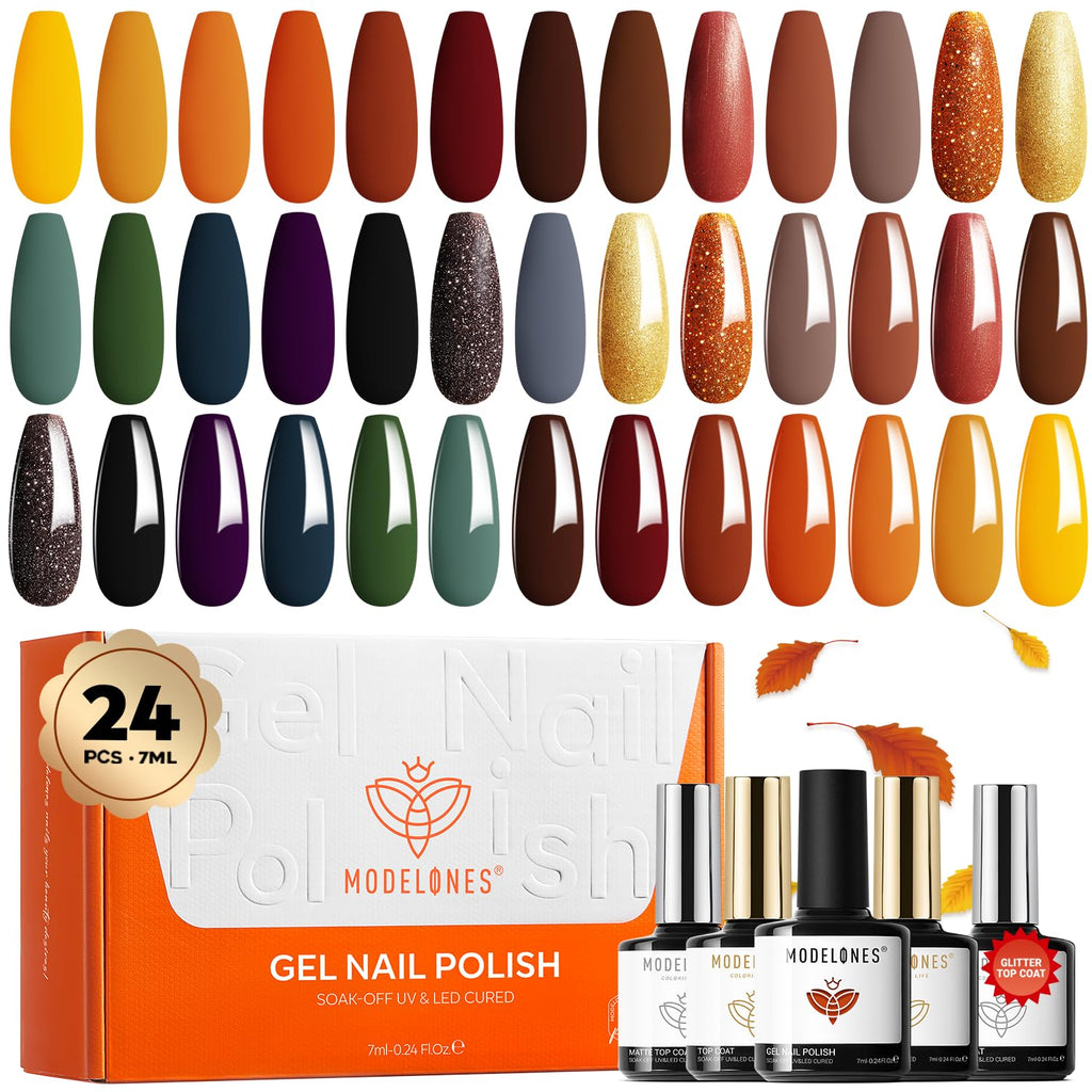 modelones 32 PCS Gel Nail Polish Set. 28 Colors Gel Polish with No Wipe Base Coat. Glitter & Glossy & Matte Top Coat Black Brown Red Purple Soak Off LED Nail Art Kit Salon at Home : Beauty & Personal Care