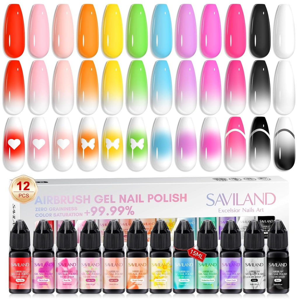 SAVILAND Airbrush Gel Nail Polish Hema-Free: Dilution-Free 12 Vitality Colors Airbrush for Nails Set Non-Acetone with Fine Mist Nail for Spray French & Ombre Nail Polish Nail Art Design Salon Kit : Beauty & Personal Care
