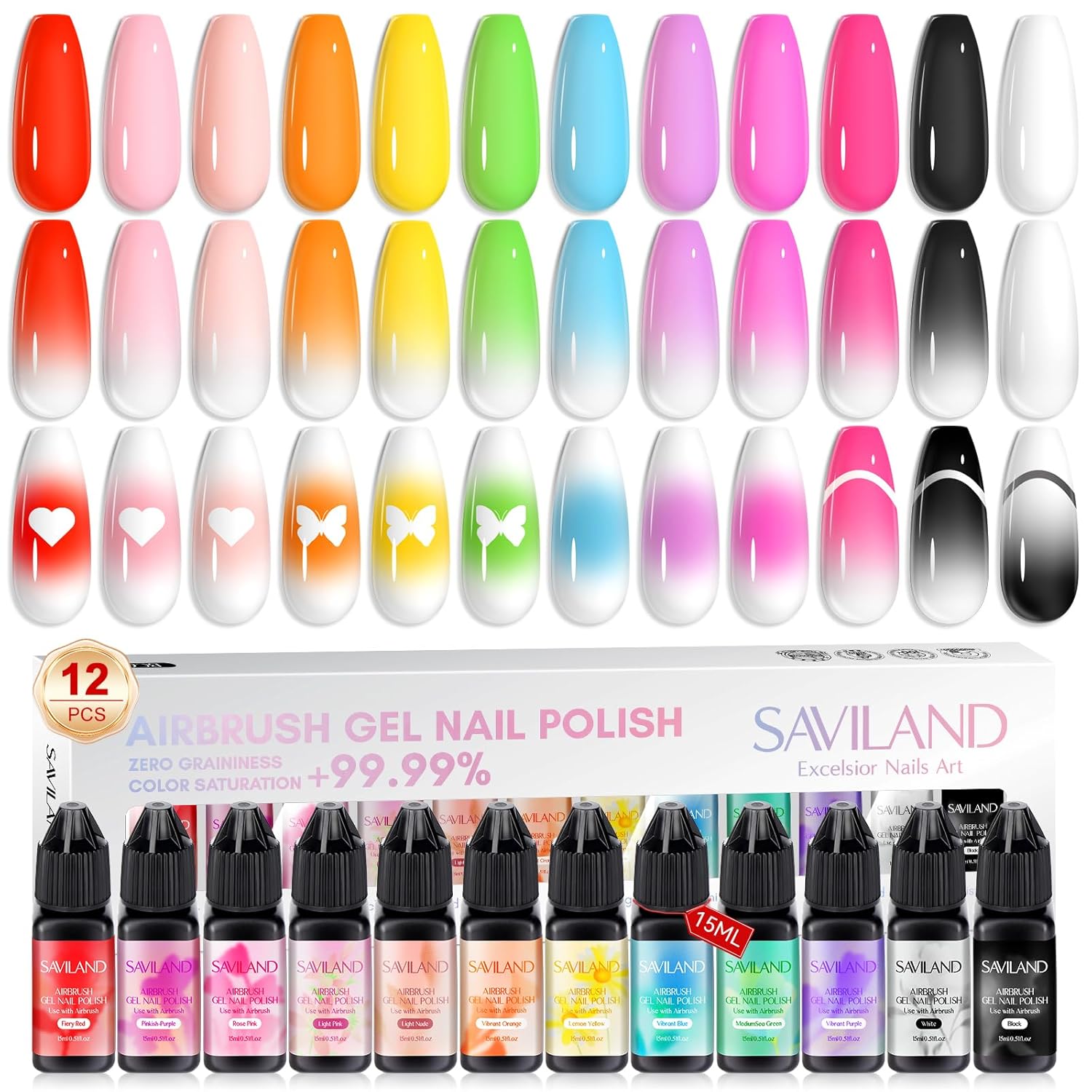 SAVILAND Airbrush Gel Nail Polish Hema-Free: Dilution-Free 12 Vitality Colors Airbrush for Nails Set Non-Acetone with Fine Mist Nail for Spray French & Ombre Nail Polish Nail Art Design Salon Kit : Beauty & Personal Care