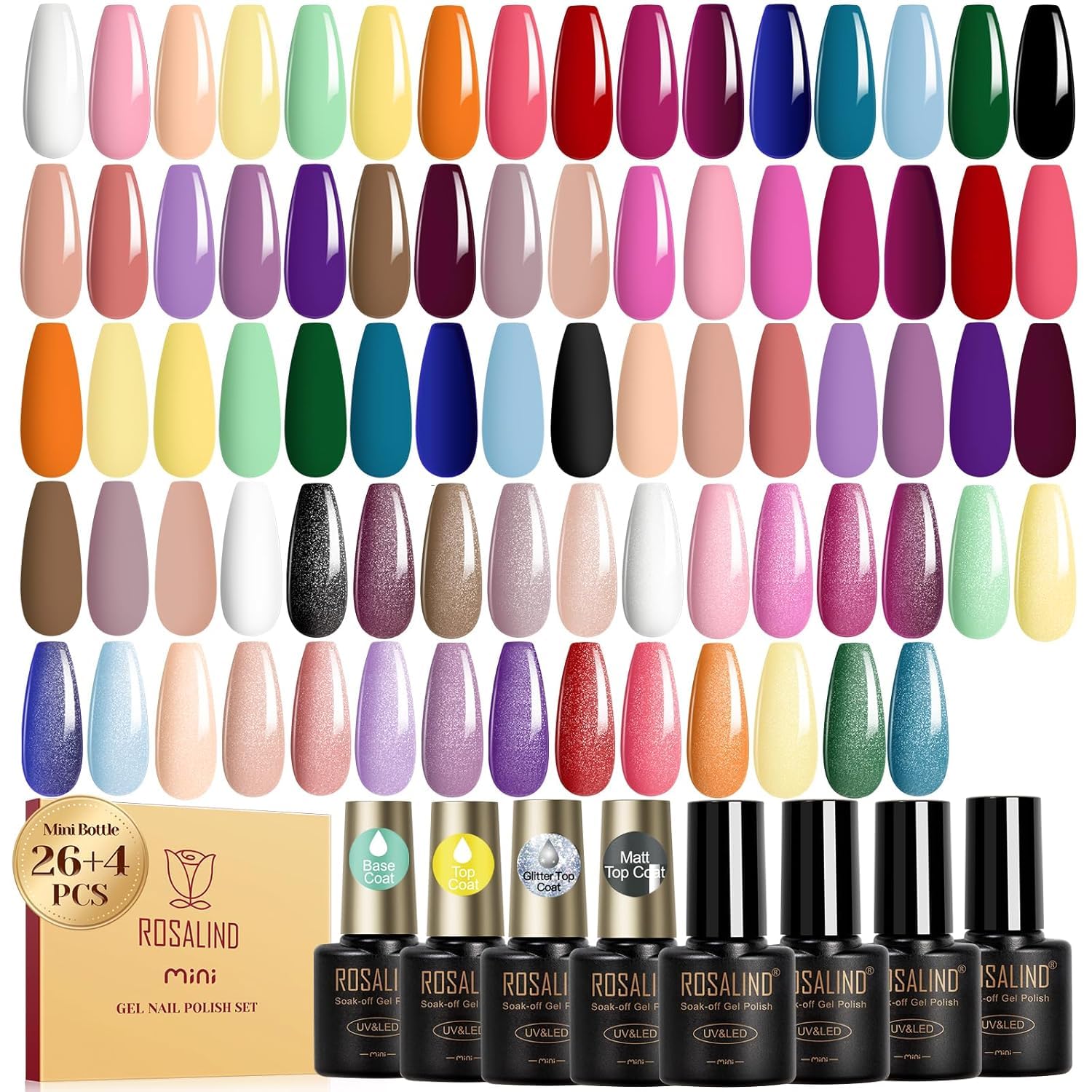 ROSALIND 30pcs Gel Nail Polish Set. 26 Colors Gel Polish with 3Pcs Glossy Matte Glitter Top Coat and Base Coat All Seasons Nude Blue Red Gel Nails art Kit DIY Salon at Home : Beauty & Personal Care