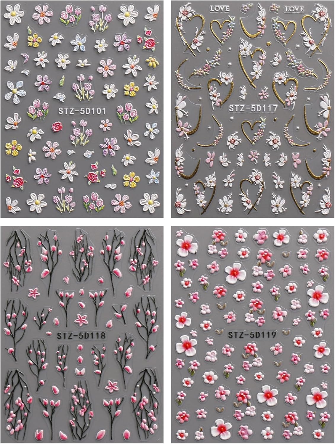 JMEOWIO 3D Embossed Flower Nail Art Stickers Decals Self-Adhesive 5D Spring Summer Floral Nail Supplies Nail Art Design Decoration Accessories 4 Sheets : Beauty & Personal Care