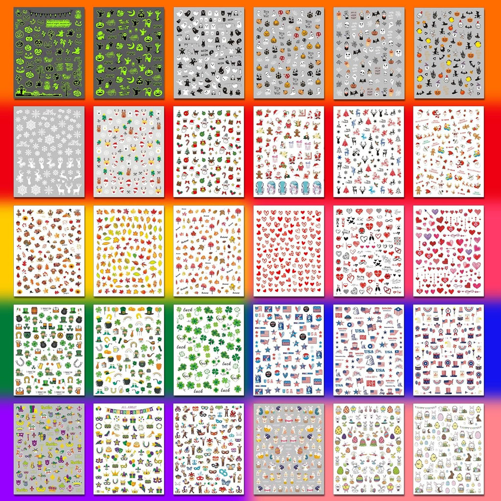 IDDFEVE 30 Sheets 8 Holiday Nail Art Stickers. Variety Pack All Season Nail Decals for All Year. Self-Adhesive Pegatinas Uñas 4th of July Halloween Fall Christmas Valentine St. Patrick's : Beauty & Personal Care