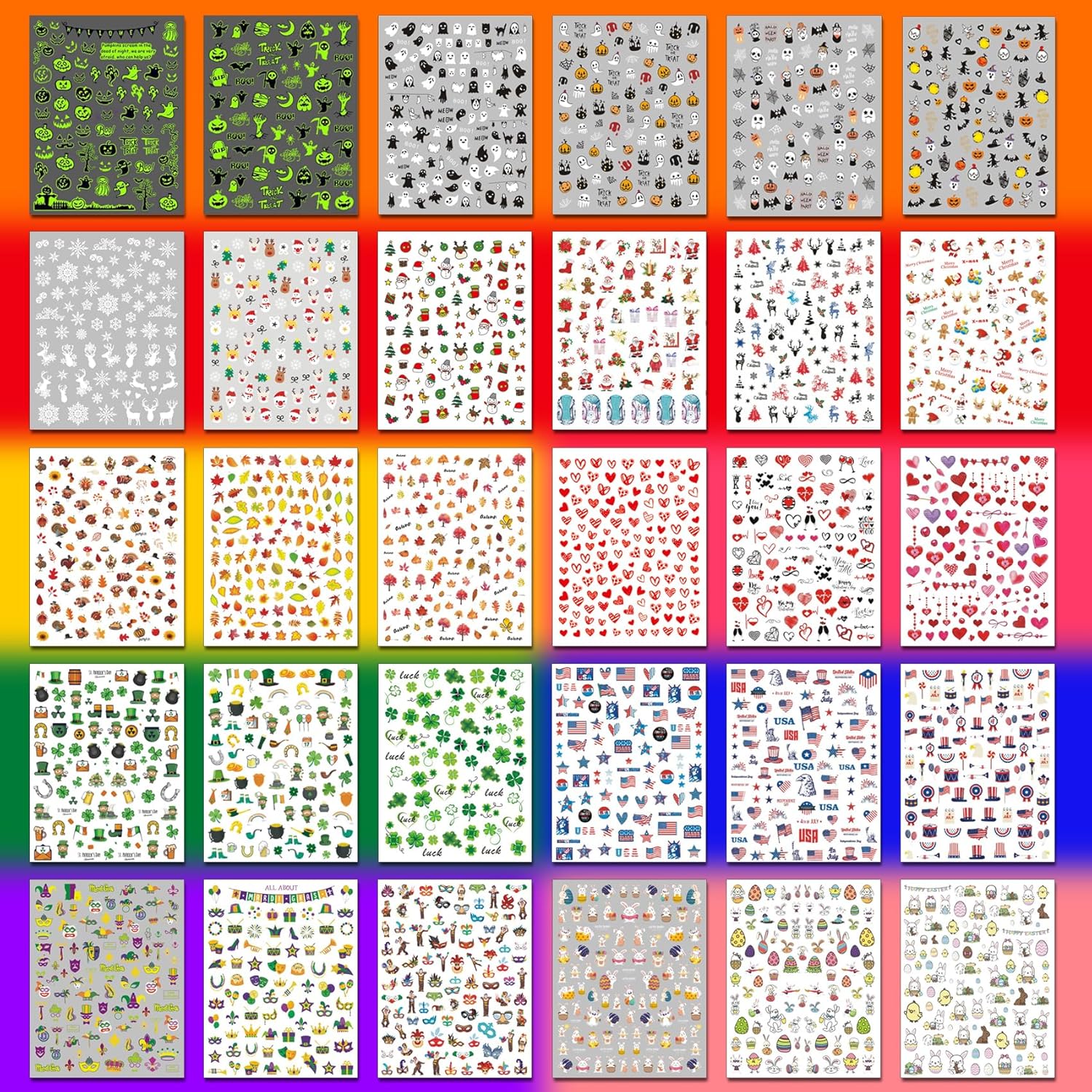 IDDFEVE 30 Sheets 8 Holiday Nail Art Stickers. Variety Pack All Season Nail Decals for All Year. Self-Adhesive Pegatinas Uñas 4th of July Halloween Fall Christmas Valentine St. Patrick's : Beauty & Personal Care
