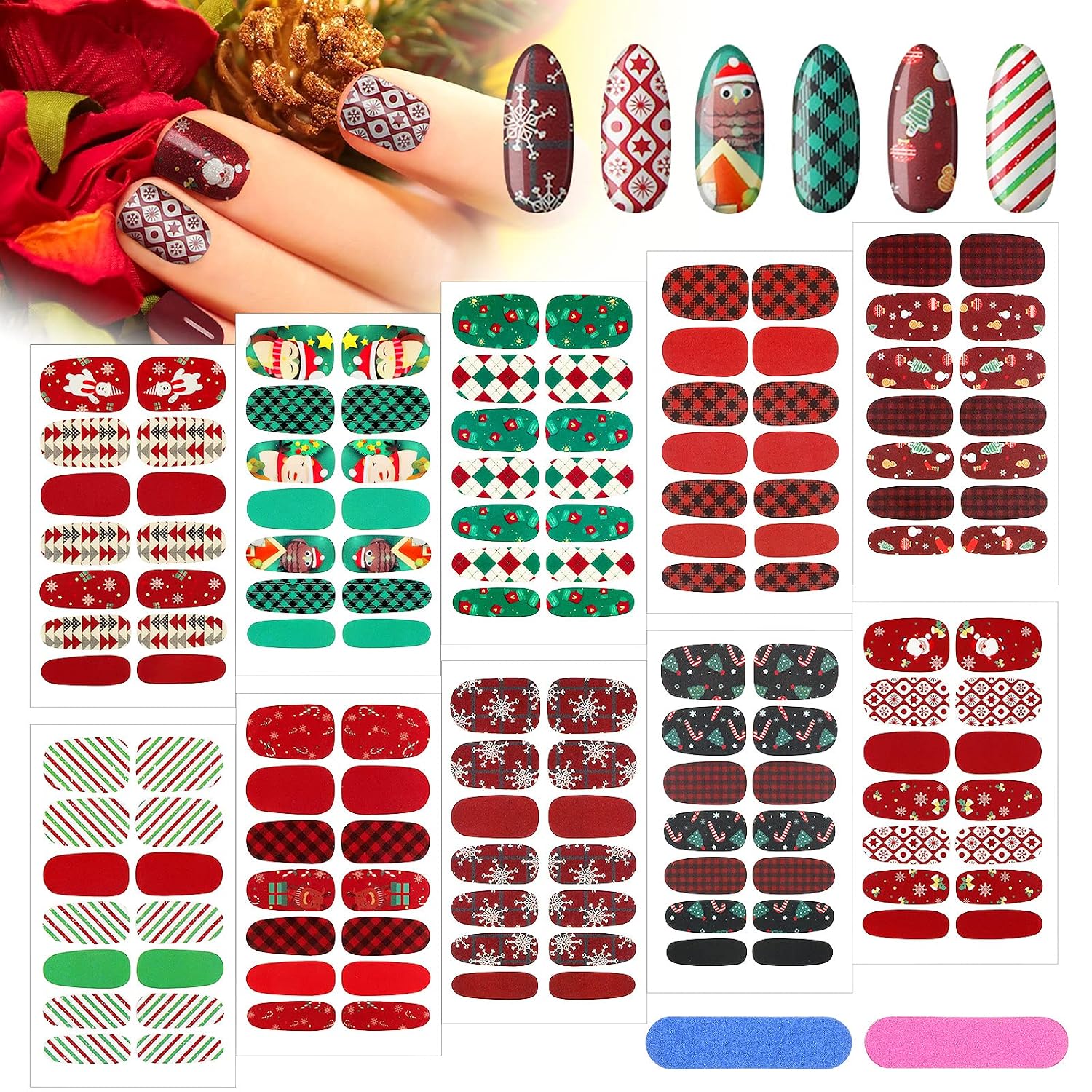 Maitys 140 Pcs 10 Sheets Glitter Full Wrap Nail Stickers for Women UV Free Short Polish Strips with 2 Pcs Nail Files Gradient Stickers Self Adhesive Easy DIY Manicure Decals Strips for Holiday Decor : Beauty & Personal Care