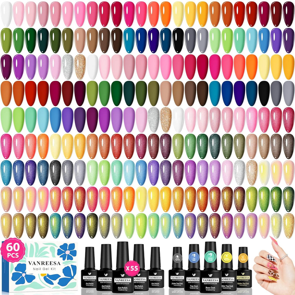 VANREESA 60 Pcs Gel Nail Polish Set. 55 Colors Gel Polish with Base Coat & 4 Effects Top Coat Full-Color Nail Polish Set All Seasons Nail Kit Gifts for Women Girls Nail Salon at Home : Beauty & Personal Care