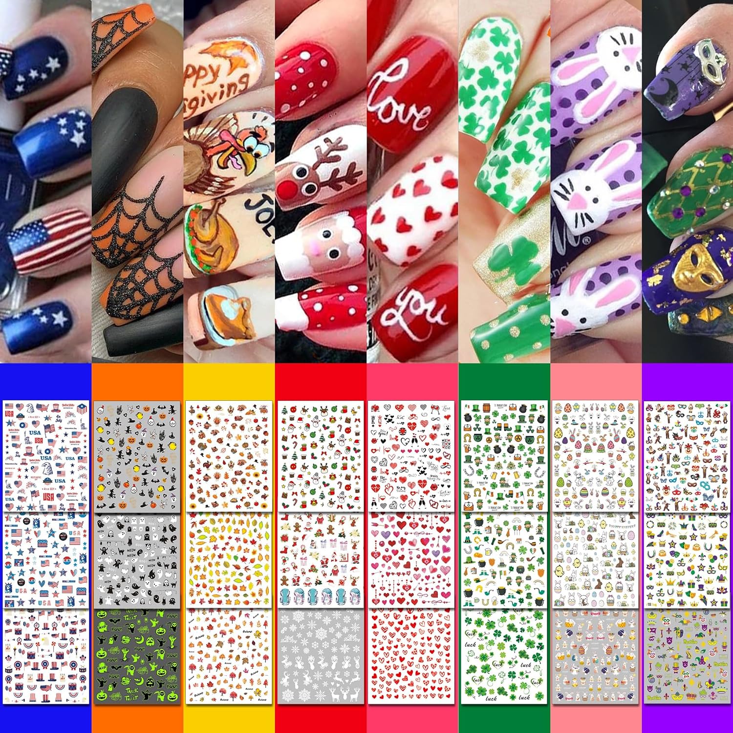 IDDFEVE 30 Sheets 8 Holiday Nail Art Stickers. Variety Pack All Season Nail Decals for All Year. Self-Adhesive Pegatinas Uñas 4th of July Halloween Fall Christmas Valentine St. Patrick's : Beauty & Personal Care
